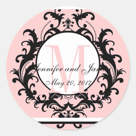 Sticker Rond Noms initiaux du Mariage rose vif Date (Devant)