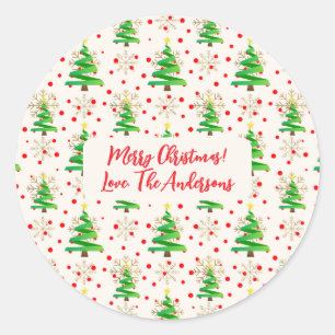 Sticker Rond Noms "Joyeux Noël", Arbres et Snowflakes Gold