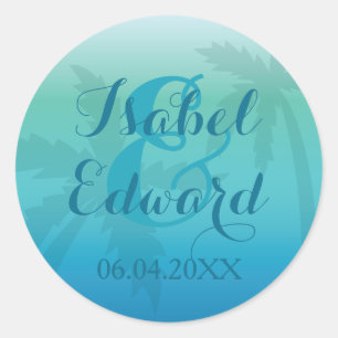 Sticker Rond Noms Personnalisés Aqua Blue Palm Tree Et Mariage