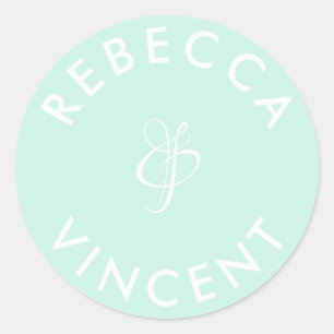 Sticker Rond Noms Personnalisés de Mariage Vert Aqua Minimalist