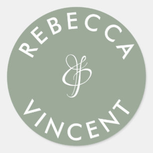 Sticker Rond Noms Personnalisés de Mariage Vert Sauge Minimalis