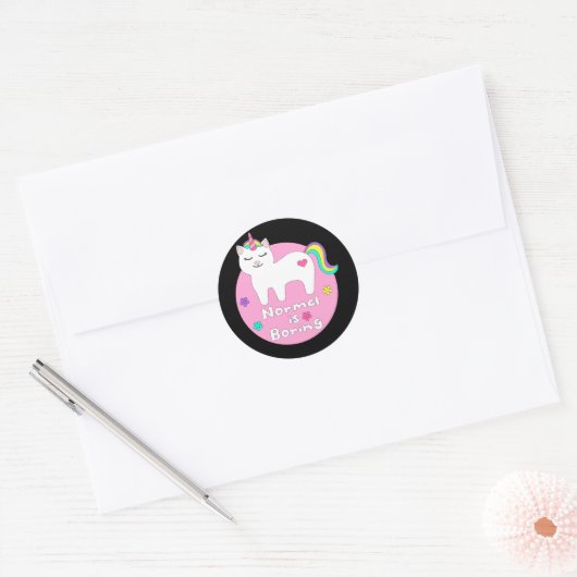 Sticker Rond Normal est ennuyeux Kawaii unicorn chat blanc & ro (Enveloppe)