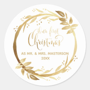 Sticker Rond Nos premiers noël jeunes mariés Gold White