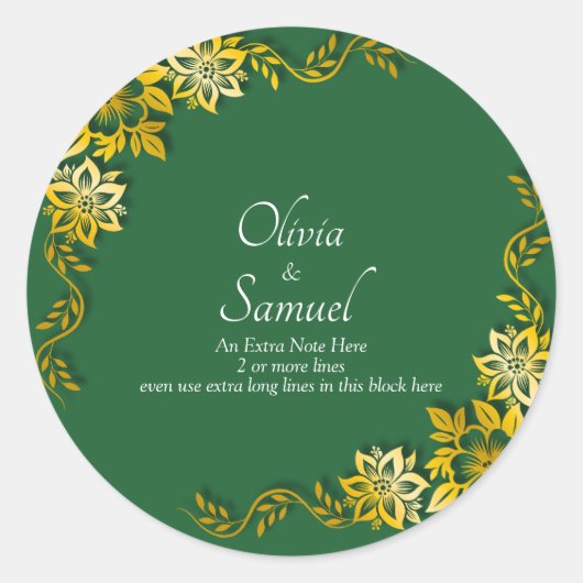 Sticker Rond Note + Bride Groom Names Emerald Green & Gold (Devant)