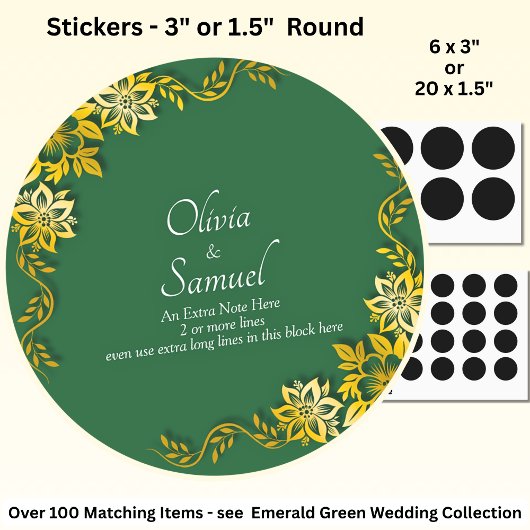 Sticker Rond Note + Bride Groom Names Emerald Green & Gold
