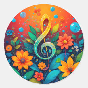 Sticker Rond 🎵 Note de Musique Art Design Floral Coloré Éclabo