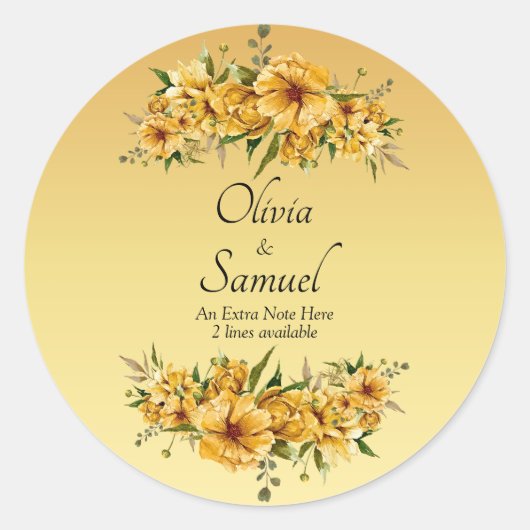 Sticker Rond Note + Noms des mariés Fleurs jaune doré (Devant)