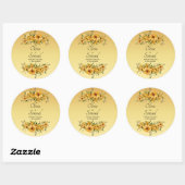 Sticker Rond Note + Noms des mariés Fleurs jaune doré (Feuille)
