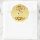 Sticker Rond Note + Noms des mariés Fleurs jaune doré (Sac)