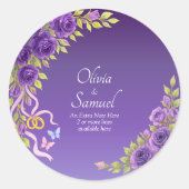 Sticker Rond Note + Noms des Mariés Fleurs Mauve Violet (Devant)