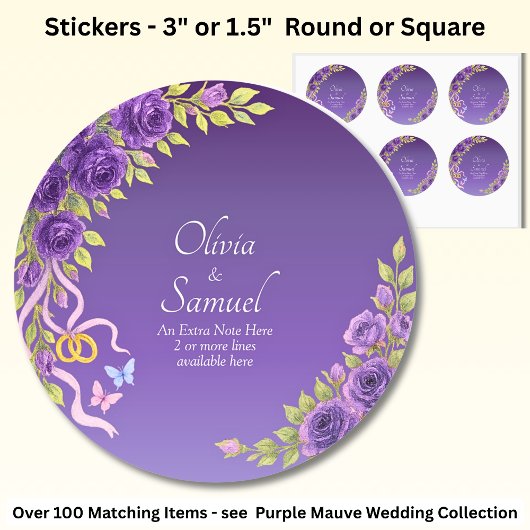 Sticker Rond Note + Noms des Mariés Fleurs Mauve Violet