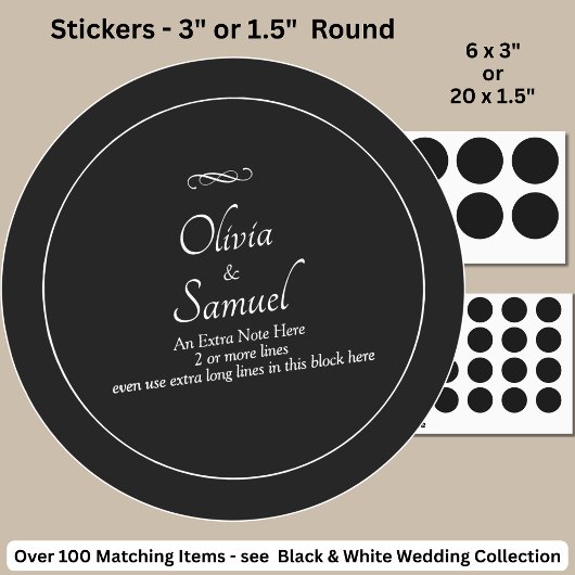 Sticker Rond Note + Noms des Mariés Noir Blanc Infini