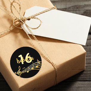 Sticker Rond Notes de musique or 16e anniversaire sur élégant n