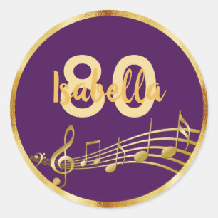 Sticker Rond Notes de musique or à 80e anniversaire sur l'éléga