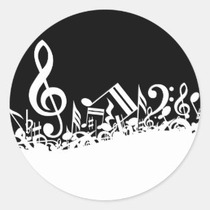 Sticker Rond Notes musicales blanches sur le noir