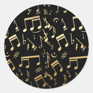 Sticker Rond Notes musicales d'or sur arrière - plan noir