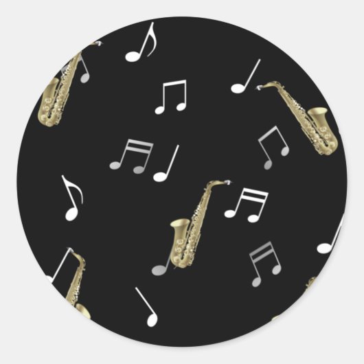 Sticker Rond Notes musicales et saxophones Jazzy (Devant)