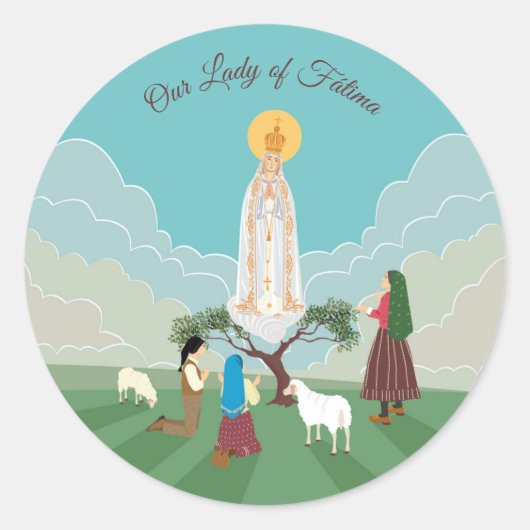 Sticker Rond Notre-Dame de Fatima et les trois bergers (Devant)