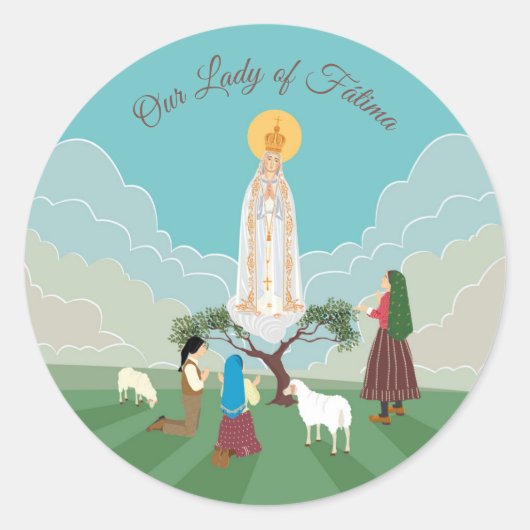 Sticker Rond Notre-Dame de Fatima et les trois bergers (Devant)