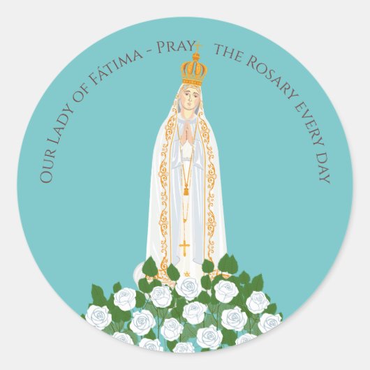 Sticker Rond Notre-Dame de Fatima et roses blanches (Devant)