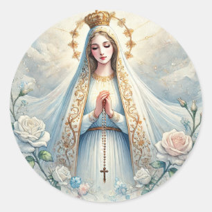 Sticker Rond Notre-Dame de Fatima Roses blanches aquarelle