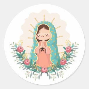 Sticker Rond Notre-Dame de Guadalupe avec des fleurs Style Kawa
