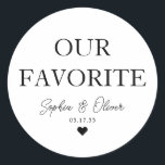Sticker Rond NOTRE Dessert Café Bar Coeur Mariage Favoriser<br><div class="desc">Un Sticker Mariage classique en Merci noir avec "Our Favorite" dans une police classique moderne et élégante. Vous pouvez facilement le personnaliser avec vos noms et date mariage.</div>