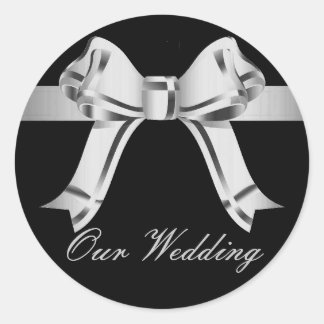 Sticker Rond "Notre Mariage" - Bow argenté/gris et ruban[a]