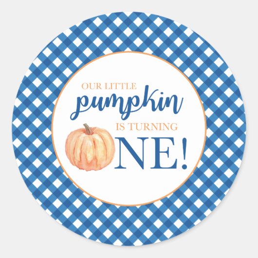 Sticker Rond Notre petit Citrouille bleu plaid premier annivers (Devant)