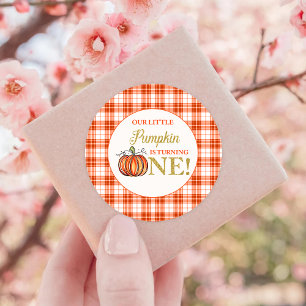 Sticker Rond Notre petit Citrouille Orange plaid premier annive