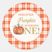 Sticker Rond Notre petit Citrouille Orange plaid premier annive (Devant)