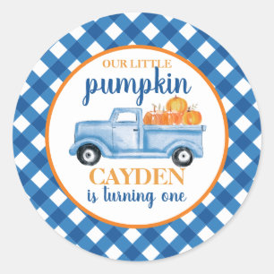 Sticker Rond Notre petite citrouille camion bleu carreaux 1er a