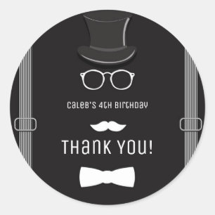 Sticker Rond Notre petite fête d'anniversaire Man Hipster Suspe