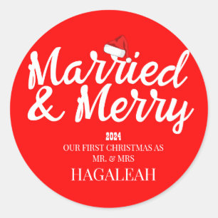 Sticker Rond Notre premier Noël, M. et Mme Newlyhed Merry