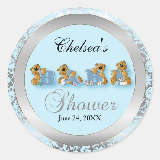 Sticker Rond Nounours Blue & Silver Damask | BABY SHOWER (Devant)