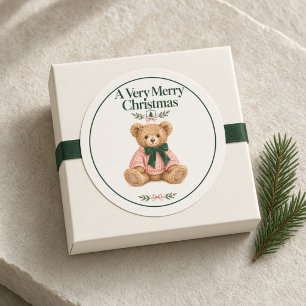 Sticker Rond Nounours ourson rose vert Joyeux Noël
