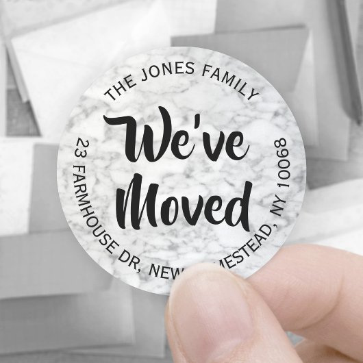 Sticker Rond Nous avons déménagé Noir Blanc Gris Marbre Adresse