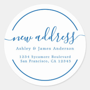 Sticker Rond Nous avons déplacé Classic Blue New Address étique