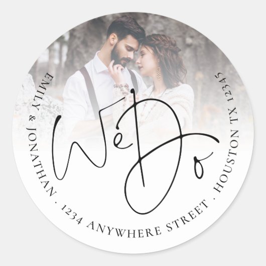 Sticker Rond Nous faisons Mariage d'adresse de retour de photos (Devant)