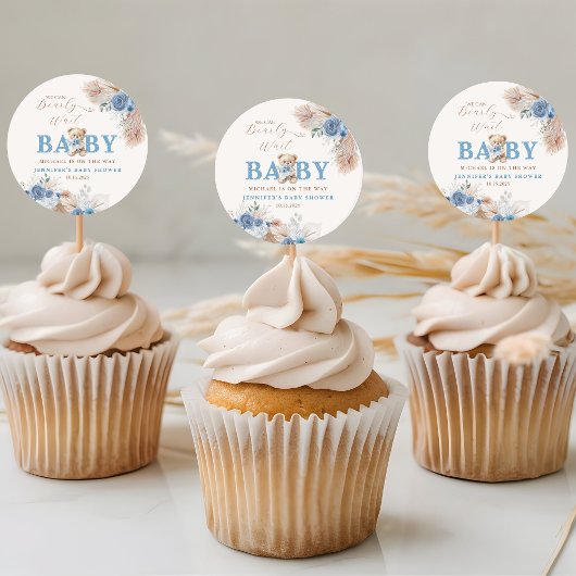 Sticker Rond Nous pouvons attendre Baby shower Bleu Ours Boho B