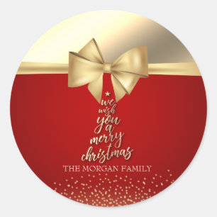 Sticker Rond Nous vous souhaitons un joyeux Noël Nœud Doré Poin