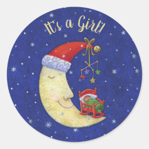 Sticker Rond Nouveau bébé C'est une fille Noël Père Noël Moon