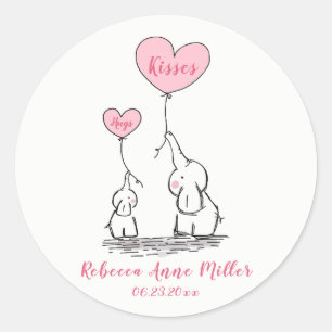Sticker Rond Nouveau Bébé Fille Embrasse Et Bisous Eléphants