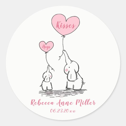 Sticker Rond Nouveau Bébé Fille Embrasse Et Bisous Eléphants (Devant)