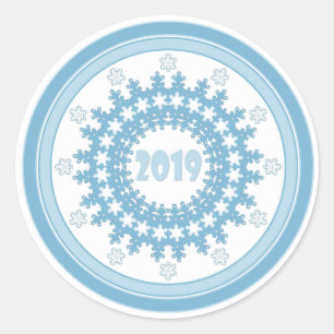Sticker Rond Nouvel An 2019 cadre rond flocon bleu blanc