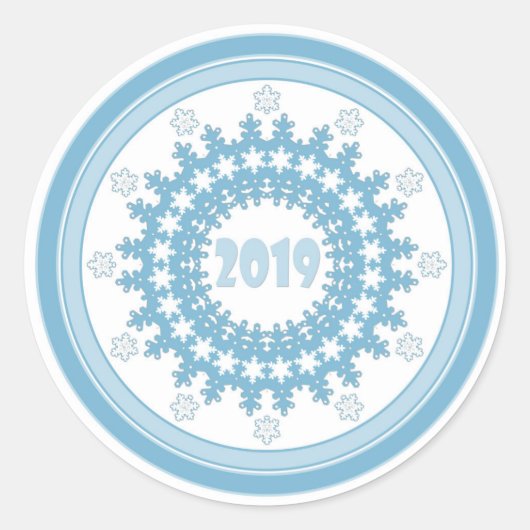 Sticker Rond Nouvel An 2019 cadre rond flocon bleu blanc (Devant)