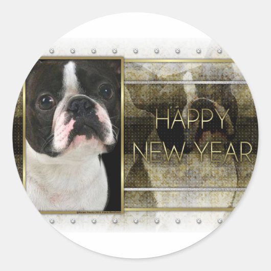 Sticker Rond Nouvel An - Golden Elegance - Boston Terrier (Devant)