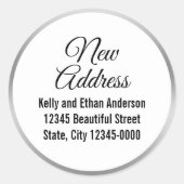 Sticker Rond Nouvelle adresse Argent blanc et noir Script éléga (Devant)