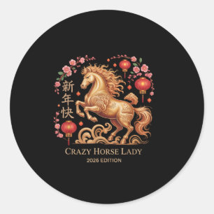 Sticker Rond Nouvelle année festive 2026 Cheval fou Dame Fortun