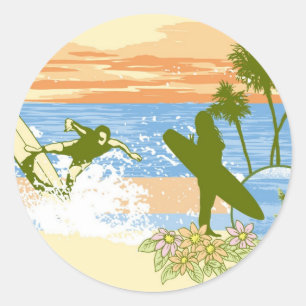 Sticker Rond nouvelle vintage surfer hawaii plage fille garçon
